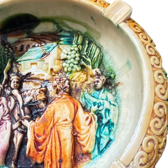Vintage Hand Carved Jade Chinese Ashtray Relief Scene Ceramic Decor Made Italy - Picture 7 of 11
